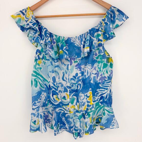 Ralph Lauren Blue Green Floral 100% Silk Ruffle Collar Top Size 12 - Picture 5 of 6